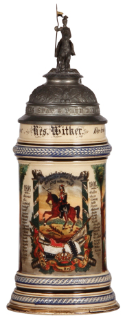  Regimental stein, .5L, 11.0" ht., pottery, 3. Esk., Ulanen Regt. Nr. 14, St. Avold, 1898 - 1901, two side scenes, roster, eagle thumblift, named to: Res. Witker, mint.