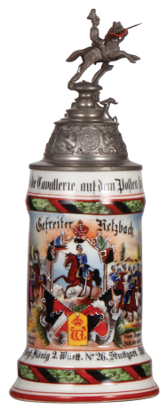 Regimental stein, .5L, 11.5" ht., porcelain, 1. Esks., Drag. Regt. Nr. 26, Stuttgart, 1901 - 1904, two side scenes, roster, Württemberg thumblift, named to: Gefreiter Retzbach, mint.