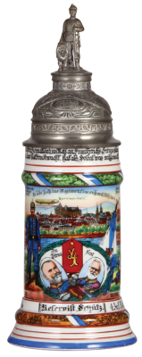 Regimental stein, .5L, 11.7" ht., porcelain, 7. Comp., bayr. Inft. Regt. Nr. 4, Metz, 1912 - 1914, four side scenes, roster, lion thumblift, named to: Reservist Schütz, double screw-off lid with a prism underneath & a coin holder, visible stanhope scene, 
