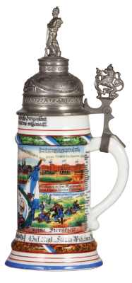 Regimental stein, .5L, 11.7" ht., porcelain, 7. Comp., bayr. Inft. Regt. Nr. 4, Metz, 1912 - 1914, four side scenes, roster, lion thumblift, named to: Reservist Schütz, double screw-off lid with a prism underneath & a coin holder, visible stanhope scene,  - 2