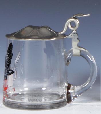 Glass stein, .5L, blown, clear, hand-painted, chicken drinking from a stein, pewter lid, mint. - 2