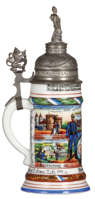 Regimental stein, .5L, 11.7" ht., porcelain, 7. Comp., bayr. Inft. Regt. Nr. 4, Metz, 1912 - 1914, four side scenes, roster, lion thumblift, named to: Reservist Schütz, double screw-off lid with a prism underneath & a coin holder, visible stanhope scene,  - 3