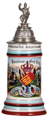 Regimental stein, .5L, 10.9" ht., porcelain, 8. Comp., Inft. Regt. Nr. 180, Schw. Gmünd, 1904 - 1906, two side scenes, roster, Württemberg thumblift, named to: Tambour Gefr. Seitz, mint.