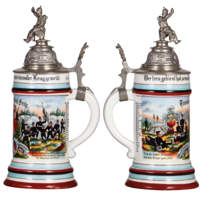 Regimental stein, .5L, 10.9" ht., porcelain, 8. Comp., Inft. Regt. Nr. 180, Schw. Gmünd, 1904 - 1906, two side scenes, roster, Württemberg thumblift, named to: Tambour Gefr. Seitz, mint. - 2