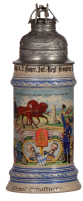 Regimental stein, .5L, 10.2" ht., stoneware, Masch. Gewehr. Komp. d. 2. bayr. Inft. Regt., München, 1911 - 1913, four side scenes, roster, lion thumblift, named to: Schmid Schaffner [blacksmith], repaired pewter strap & shank, replacement finial, small ch