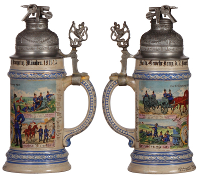 Regimental stein, .5L, 10.2" ht., stoneware, Masch. Gewehr. Komp. d. 2. bayr. Inft. Regt., München, 1911 - 1913, four side scenes, roster, lion thumblift, named to: Schmid Schaffner [blacksmith], repaired pewter strap & shank, replacement finial, small ch - 2