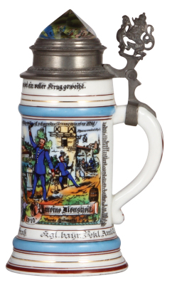 Regimental stein, .5L, 9.1" ht., porcelain, 2. Co., bayr. Bekl. Amt. 2. A.K., Würzburg, 1908 - 1910, two side scenes, roster, lion thumblift, named to: Reserv. Grass, prism lid, mint. - 2