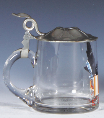 Glass stein, .5L, blown, clear, hand-painted, chicken drinking from a stein, pewter lid, mint. - 3