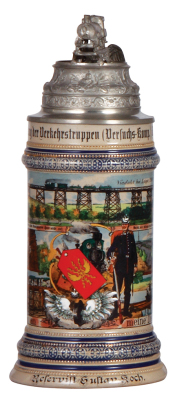 Regimental stein, .5L, 11.2"" ht., stoneware, Versuchs Abteilung der Verkehrstruppen [Versuchs-Komp.], Berlin-Schöneberg, 1908 - 1910, six side scenes roster, eagle thumblift, named to: Reservist Gustav Koch, very rare, mint.          