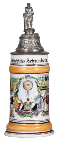 Regimental stein, .5L, 11.4'' ht., porcelain, 2. Comp., Luftschiffer Batl., [Berlin], 1900 - 1902, four side scenes, roster, eagle thumblift, named to: Luftschiffer Schneiders, hand-painted, some minor word wear, pewter tear repaired.            