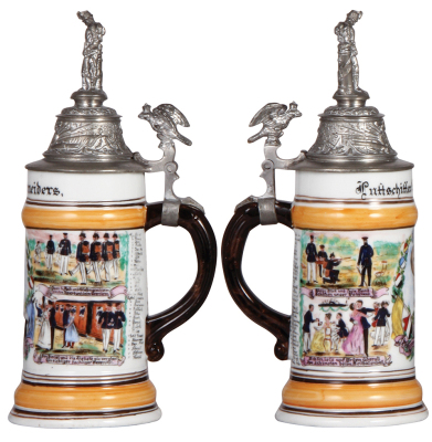 Regimental stein, .5L, 11.4'' ht., porcelain, 2. Comp., Luftschiffer Batl., [Berlin], 1900 - 1902, four side scenes, roster, eagle thumblift, named to: Luftschiffer Schneiders, hand-painted, some minor word wear, pewter tear repaired.             - 2