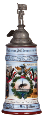 Regimental stein, .5L, 11.8" ht., porcelain, S. M. S. Kaiser Wilhelm II, 1904 - 1907, four side scenes, eagle thumblift, roster, named to Res. Büttner, original pewter inscription G = Büttner, mint.