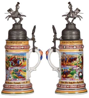 Regimental stein, .5L, 13.0'' ht., porcelain, 1. Esk., Ulanen Regt. Nr. 21, Chemnitz, 1909 - 1912, four side scenes, roster, Sächsen thumblift, named to: Gefreiter Breitling, mint.  - 2