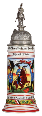 Regimental stein, .5L, 12.5'' ht., porcelain, 5. Esk., Dragoner Regt., Nr. 5, Hofgeismar, 1911 - 1914, four side scenes, eagle thumblift, named to: Reservist Linke, very small paint flakes, otherwise mint.