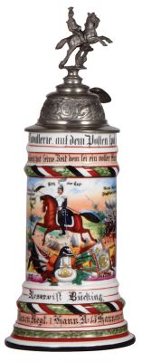 Regimental stein, .5L, 12.3" ht., porcelain, 3. Esk., Ulanen Regt. Nr. 13, Hannover, 1902 - 1905, two side scenes, roster, eagle thumblift, named to: Reservist Bücking, faint lithophane lines, slight roster wear.