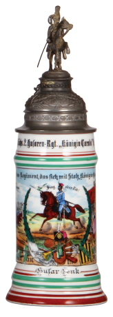 Regimental stein, .5L, 12.5" ht., porcelain, 1. Esk., Husaren Regt. Nr. 19, Grimma, 1906 - 1909, two side scenes, roster, Sächsen thumblift, named to: Husar Lenk, pewter shank repaired, pewter finial is new replacement, body mint.