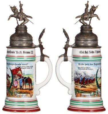 Regimental stein, .5L, 12.5" ht., porcelain, 1. Esk., Husaren Regt. Nr. 19, Grimma, 1906 - 1909, two side scenes, roster, Sächsen thumblift, named to: Husar Lenk, pewter shank repaired, pewter finial is new replacement, body mint. - 2