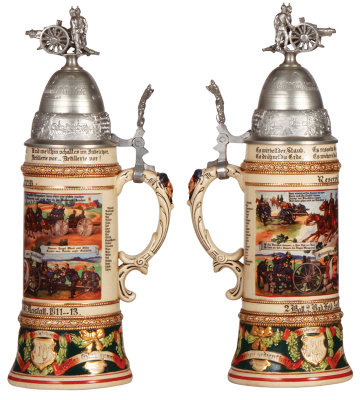 Regimental stein, .5L, 13.5" ht., pottery, 2. Batt., Feld Artl. Regt. Nr. 30, Rastatt, 1911 - 1913, four side scenes, roster, griffin thumblift, named to: Reservist Throm, pewter tear, body mint. - 2