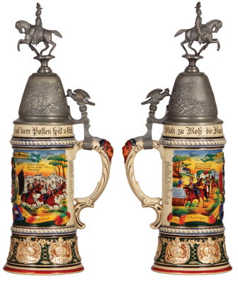 Regimental stein, .5L, 14.2" ht., pottery, 2. Esk., Ulanen Regt. Nr. 6, Hanau, 1907 - 1910, two side scenes, roster, eagle thumblift, named to: Reservist Gefr. Werner, mint. - 2