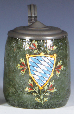 Glass stein, .5L, blown, pale green, with bubbles, very unusual, hand-painted, pewter lid, Bavarian shield, mint.