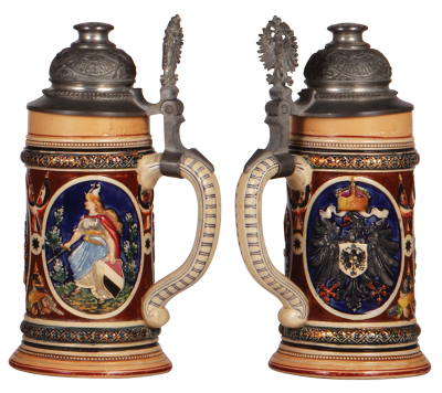 Military stein, .5L, 9.2" ht., pottery, relief, 1901 shooting prize, pewter lid, eagle thumblift, slight color wear, - 2