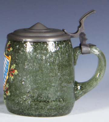 Glass stein, .5L, blown, pale green, with bubbles, very unusual, hand-painted, pewter lid, Bavarian shield, mint. - 2