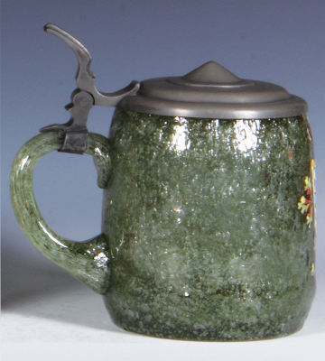 Glass stein, .5L, blown, pale green, with bubbles, very unusual, hand-painted, pewter lid, Bavarian shield, mint. - 3