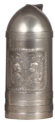 Pewter stein, .5L, Artillery Shell, marked F. Glas, München, pewter lid, mint.