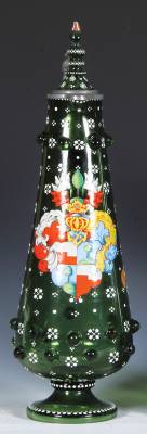 Glass pitcher, 15.8'' ht., blown, green, prunts, hand-painted enamel, matching glass inlaid lid, small chip at top of finial, otherwise mint.