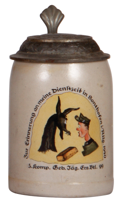 Third Reich stein, .5L, stoneware, 5. Komp., Geb. Jäg. Ers. Btl. 99, Sonthofen i./Allg. 1940, pewter lid with relief helmet, pewter tear repaired, otherwise mint.