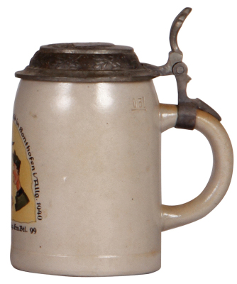 Third Reich stein, .5L, stoneware, 5. Komp., Geb. Jäg. Ers. Btl. 99, Sonthofen i./Allg. 1940, pewter lid with relief helmet, pewter tear repaired, otherwise mint. - 2