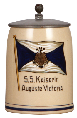 Pottery stein, .5L, transfer & hand-painted, S.S. Kaiserin Auguste Victoria, pewter lid.