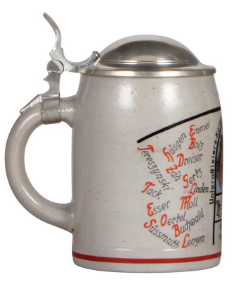 Third Reich stein, .5L, stoneware, Unteroffiziers - Korps der I. R. 77, Köln 1938, owner's name, roster, pewter lid, mint. - 3