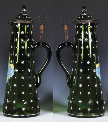 Glass pitcher, 14.8'' ht., blown, green, prunts, hand-painted enamel, matching glass inlaid lid, mint. - 2