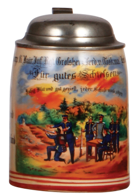 Regimental stein, .5L, stoneware, 3. Comp., bayr. Inft. Regt. Nr. 16, Landshut, 1907, Für gutes Schiessen, pewter lid, missing center hinge ring, otherwise mint.