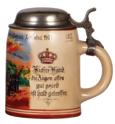 Regimental stein, .5L, stoneware, 3. Comp., bayr. Inft. Regt. Nr. 16, Landshut, 1907, Für gutes Schiessen, pewter lid, missing center hinge ring, otherwise mint. - 2