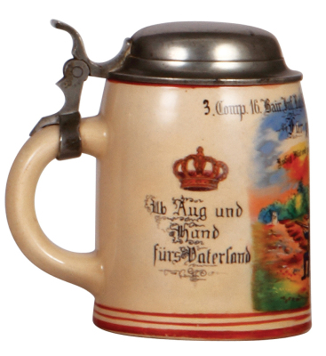 Regimental stein, .5L, stoneware, 3. Comp., bayr. Inft. Regt. Nr. 16, Landshut, 1907, Für gutes Schiessen, pewter lid, missing center hinge ring, otherwise mint. - 3