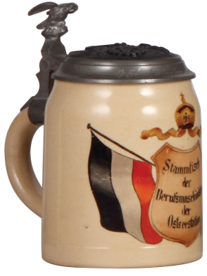 Military stein, .5L, pottery, Stammtisch der Berufsmaschinisten der Osteestation, relief pewter lid: Marine, 1905 - 1908, owner's name, mint. - 3