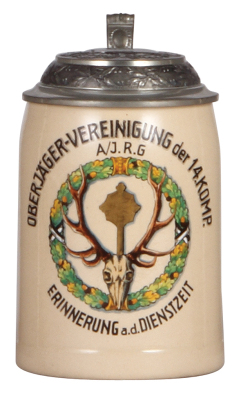 Military stein, .5L, pottery, Oberjäger Vereinigung der 14. Komp. A./J. R.G., pewter lid with relief helmet, mint.