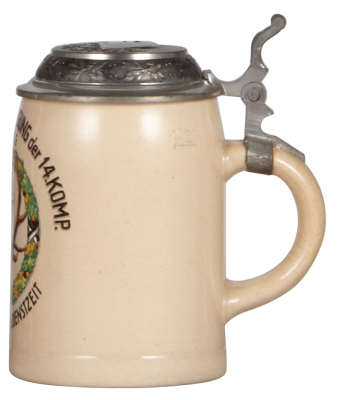 Military stein, .5L, pottery, Oberjäger Vereinigung der 14. Komp. A./J. R.G., pewter lid with relief helmet, mint. - 2