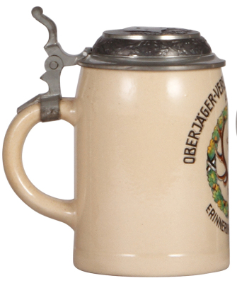 Military stein, .5L, pottery, Oberjäger Vereinigung der 14. Komp. A./J. R.G., pewter lid with relief helmet, mint. - 3