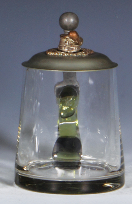 Glass stein, .5L, blown, metal lid, brass Sachsen Tschako finial, flake on upper rim.