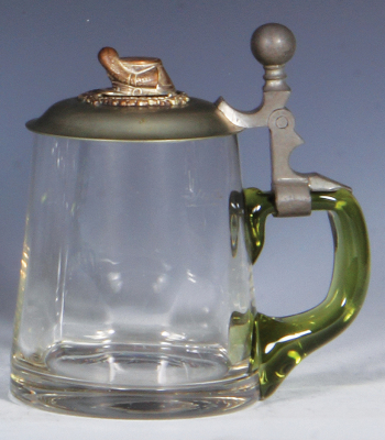 Glass stein, .5L, blown, metal lid, brass Sachsen Tschako finial, flake on upper rim. - 2