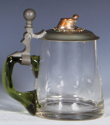 Glass stein, .5L, blown, metal lid, brass Sachsen Tschako finial, flake on upper rim. - 3