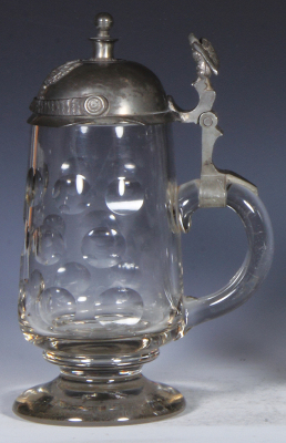 Glass stein, .5L, blown, clear, cut, figural Prussian helmet pewter lid, pewter tear repaired, otherwise mint.  - 2