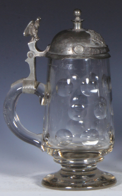 Glass stein, .5L, blown, clear, cut, figural Prussian helmet pewter lid, pewter tear repaired, otherwise mint.  - 3