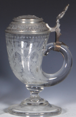 Glass stein, .7L, 10.0" ht., cornucopia shape, blown clear, fine wheel engraved decor, relief pewter lid, pewter repair, otherwise mint.