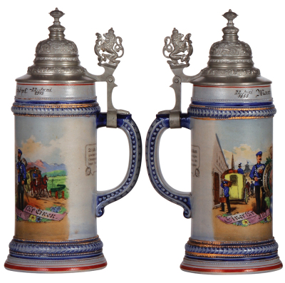 Stoneware stein, 1.0L, transfer & hand-painted, Occupational Post-Telegraphen [Post & Telegraph], pewter lid, mint. From the Etheridge Collection. - 2