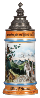 Porcelain stein, 1.0L, transfer & hand-painted, Occupational Förster [Forester], Neuschwanstein, very rare, pewter lid, mint. From the Etheridge Collection & pictured in the Occupational Stein Book.    