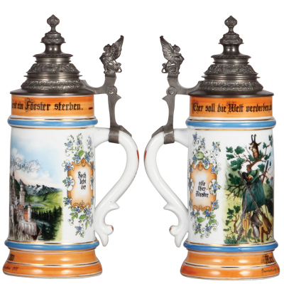 Porcelain stein, 1.0L, transfer & hand-painted, Occupational Förster [Forester], Neuschwanstein, very rare, pewter lid, mint. From the Etheridge Collection & pictured in the Occupational Stein Book.     - 2